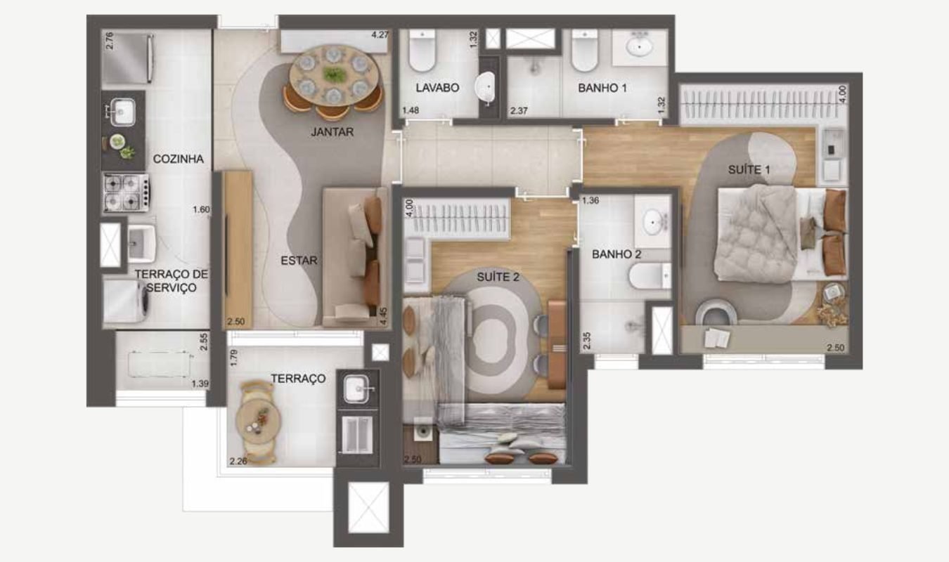 Planta 68 m² · 2 suítes