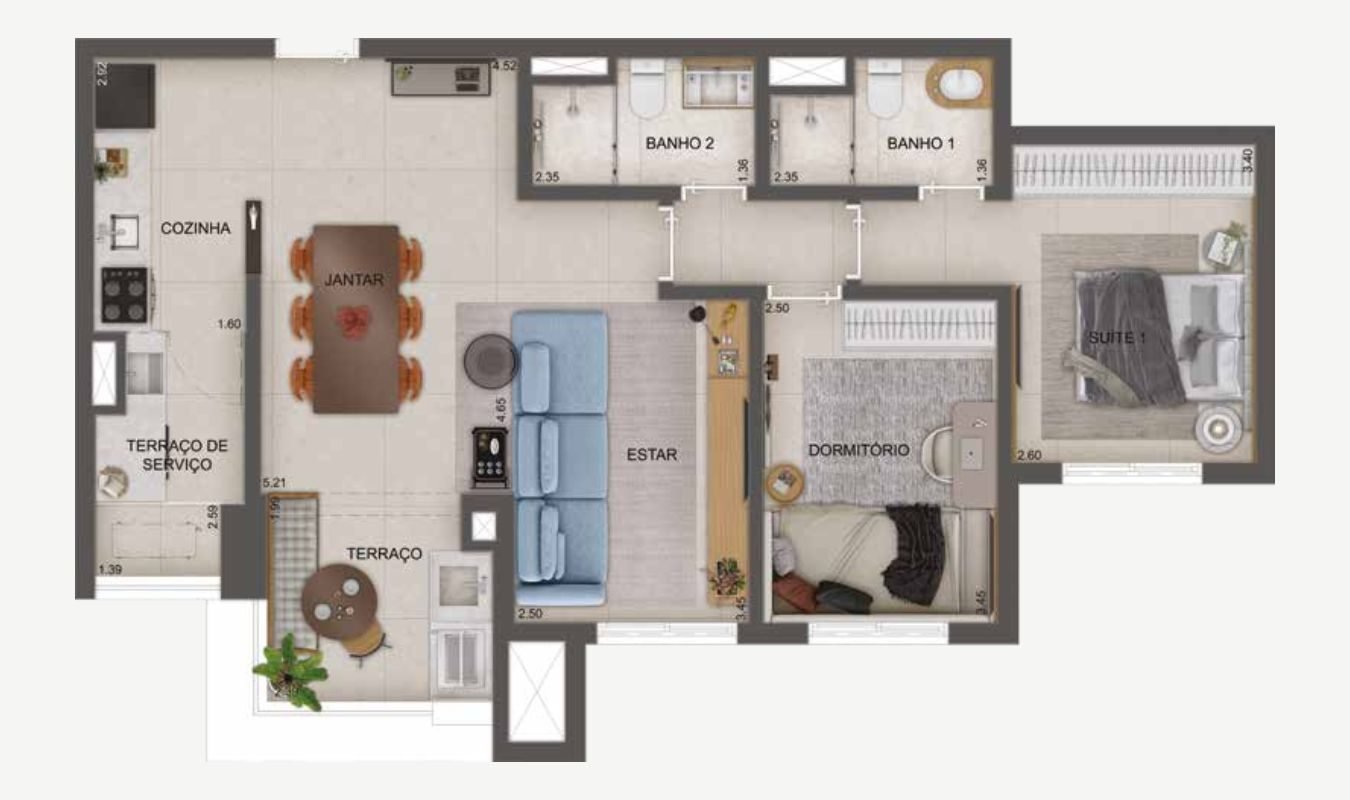 Planta 77 m² · 2 dormitórios com 1 suíte