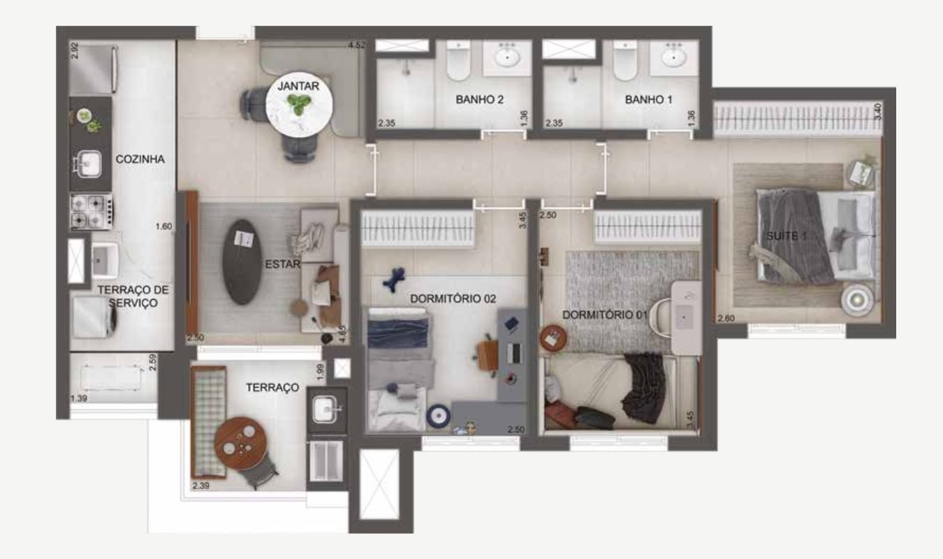 Planta 77 m² · 3 dormitórios com 1 suíte