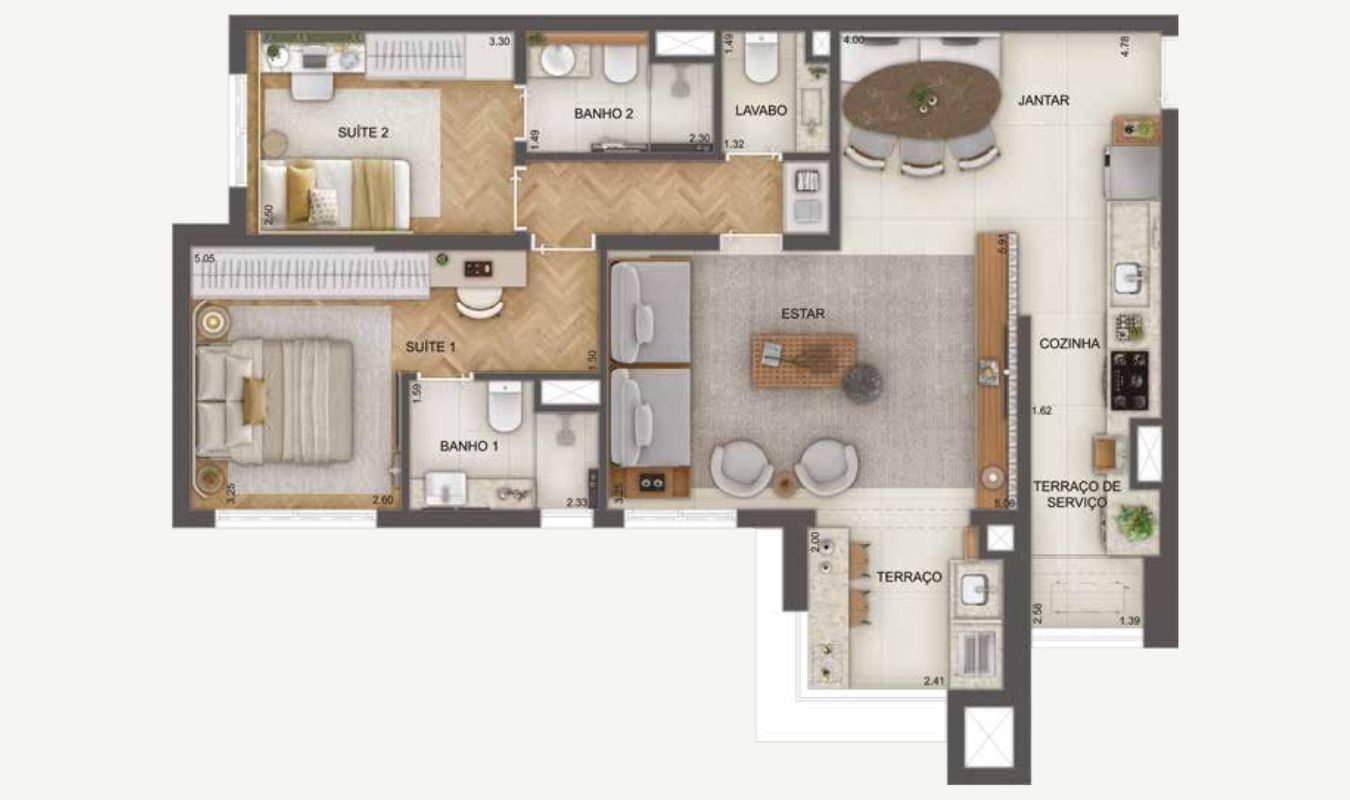 Planta 89 m² · 2 suítes