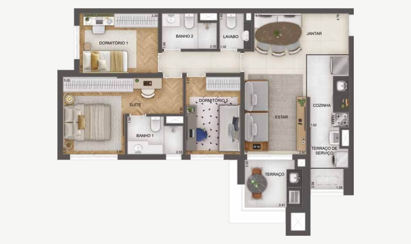 Planta 89 m² · 3 dormitórios com 1 suíte