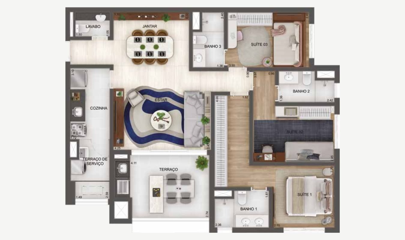 Planta 111 m² · 3 suítes