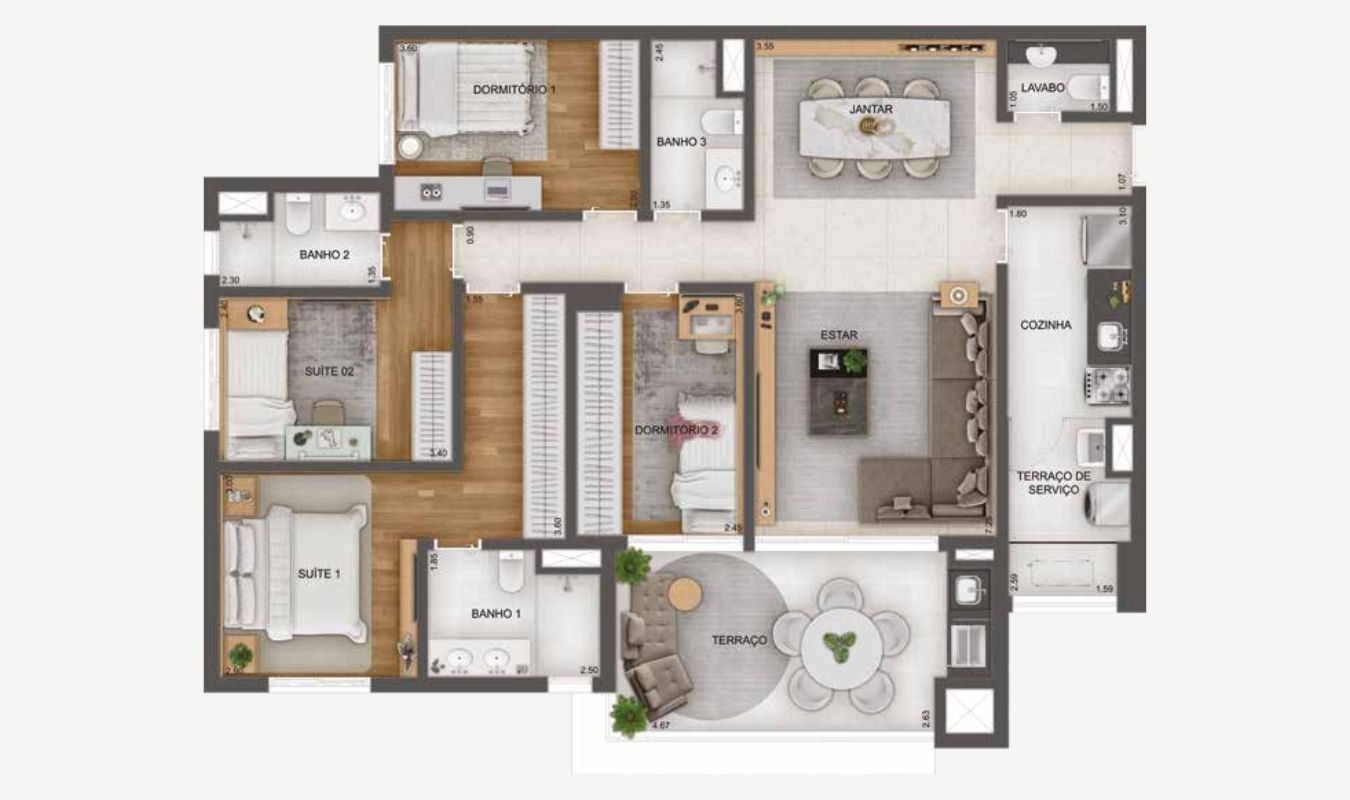 Planta 134 m² · 4 dormitórios com 2 suítes